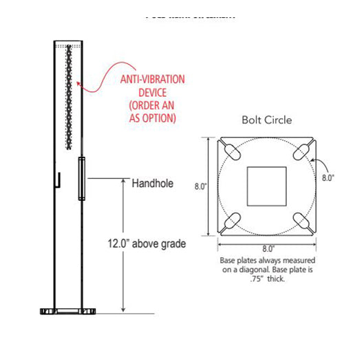 Advantage Environmental Lighting SSSQ HIGH EPA Reinforced Straight Steel Square Pole - 4" Pole Size, 25" Height, 11 Gauge Construction with 7 Gauge Reinforcement Shaft