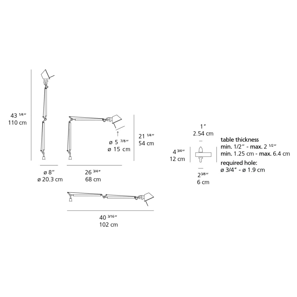 Artemide Tolomeo LED 10W 30K Mp-Mv Aluminum Table Lamp W/Motion Sensor & In-Set Pivot
